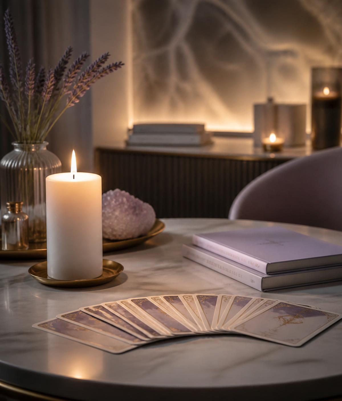 A calm consultation space with candlelight and tarot cards